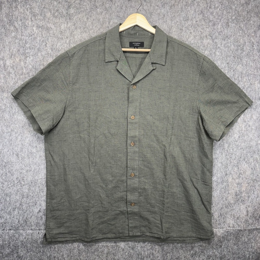 Banana Republic Linen Blend Camp Loop Collar Shirt Men's XL Short Sleeve Green